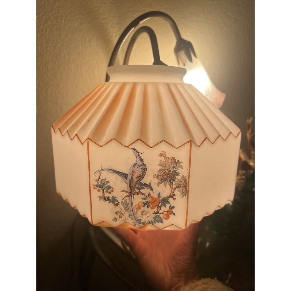 Vtg 30s Accordion Octagonal Frosted Orange‎ Birds Paradise Glass Swag Lamp Shade